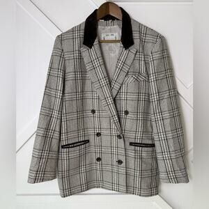 Vintage Choise Tweed Double Breasted Blazer Faux Suede Trim Wood Buttons Size 8